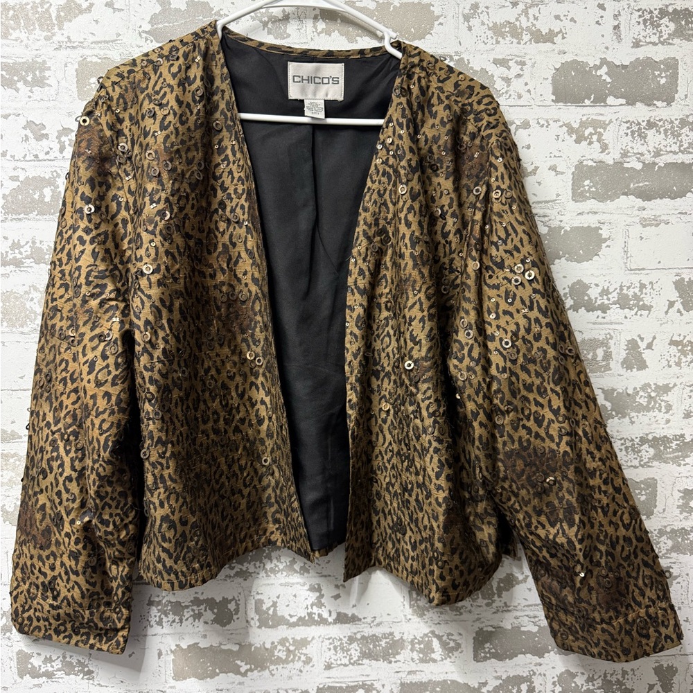 Chico's Leopard Sequin Open-Front Jacket in Brown & Black
